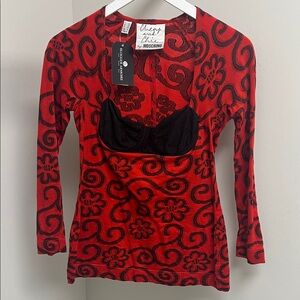 Moschino Red and Black Floral Swirl Top